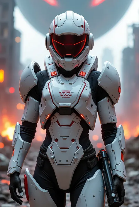 A single Aergis Industries Standard ry (AISM) soldier standing confidently in a futuristic warzone, equipped with a sleek tactical combat vest in white with bold red accents. The vest features reinforced plating on the chest and shoulders for protection, w...