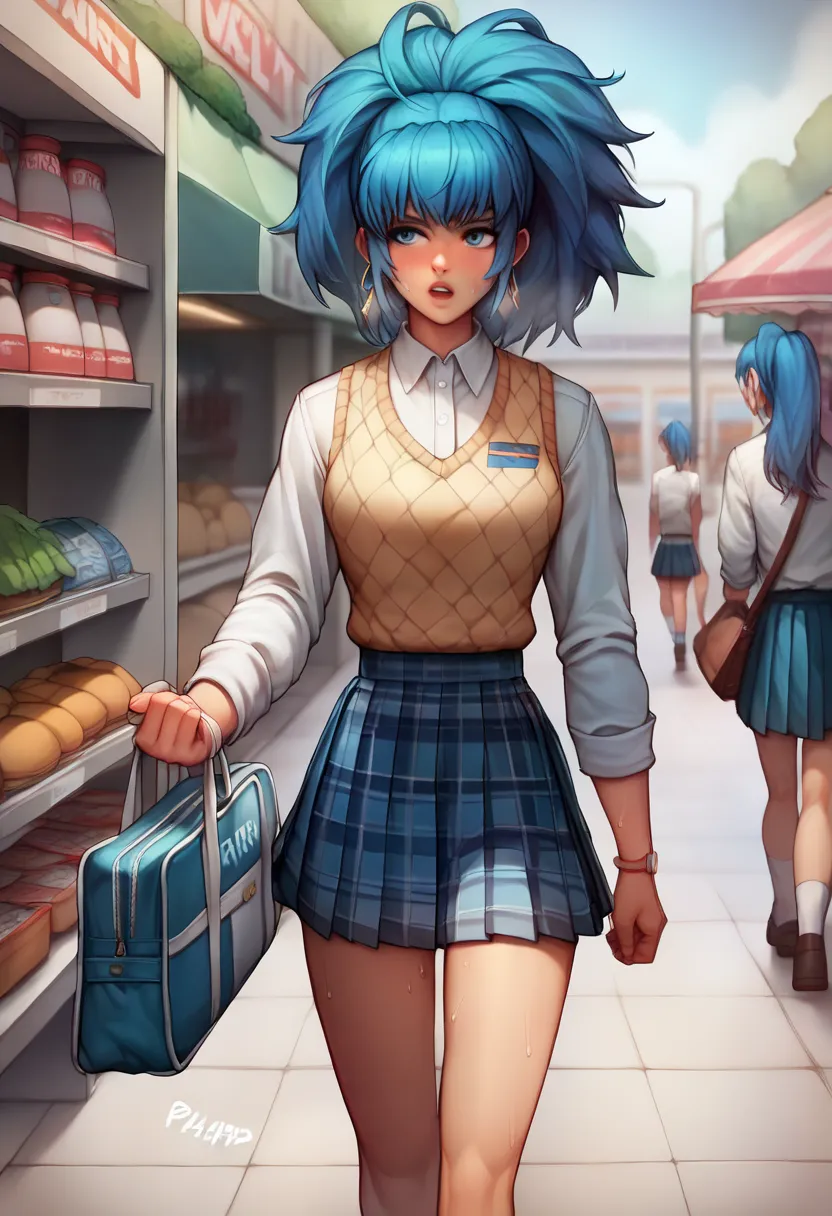 break 1girls, walking, bag, looking fun, way to school, puppy, shop , break 1girl,leonakofdg,blue hair,sweat,(sound effects:1.3)...