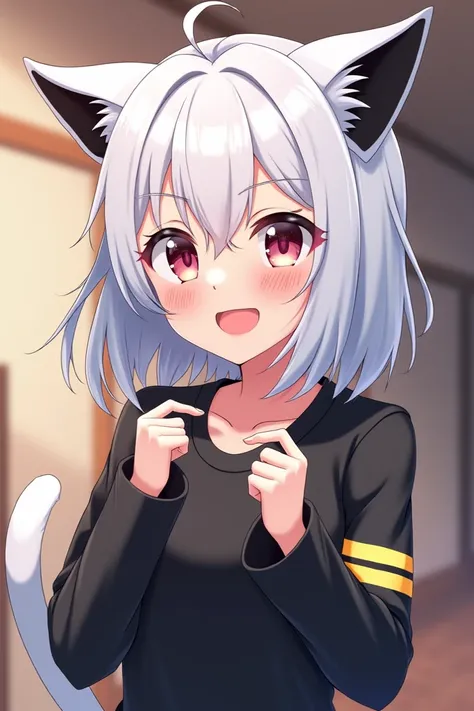 Anime, catgirl, White Medium spiky style hair alongside her ears and tail, while inside ears was a black color, student council, black sleeve with gold stripe in the hands side, teenage