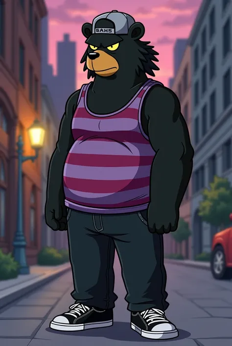 The Simpsons: black bear mobster with short black mullet, backwards gray flat cap, yellow eyes, lilac/dark magenta striped tank top, black pants and black sneakers 