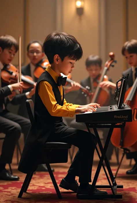 Make a 4k picture of a boy who wares a black long pant  and a yellow Long sleeve shirt and a black long sleeve coat and black shoes and a bow while plays a Roland keyboard. Background orchestra 