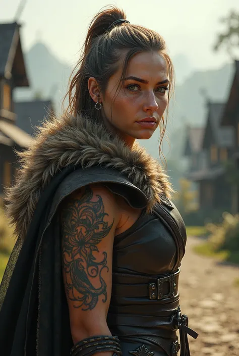  In the background of a background village ,,  an ultra-realistic woman Viking , leather clothing, Viking tattoos ,  standing in soft light .  This photographically inspired composition captures the gentle details of the subject,  with ultra-high level of ...