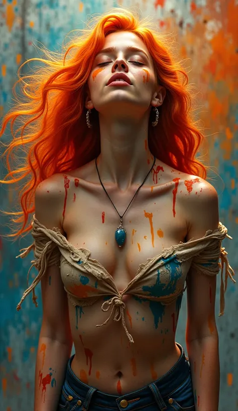 A young, sultry woman with fiery orange hair cascading over her shoulders. Her eyes are closed in ecstasy, mouth slightly parted in a breathless sigh, as vibrant paint splatters cover her body, limbs, and legs. She wears a dark, torn, and tattered top that...