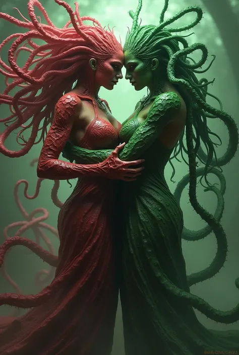 Two (non identical + differently coloured) giant lovecraftian godesses kissing eachother, using tenticals to wound eachother, intertwined in tenticals