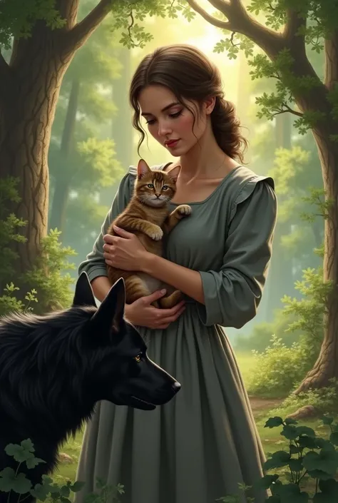 A women in grey frock save a injured brown little kitten from a black wild dog in a forest ai image