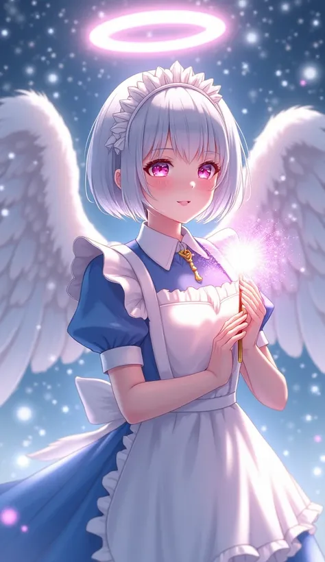  beautiful angel character： petite angel cosplayed in maid clothes、 white feathers on the back 、 silver hair short hair、A ring of angels overhead、 eyes shining pink 、My smile is gentle 、 holding a glowing wand in their hands 。The background is sparkling sn...