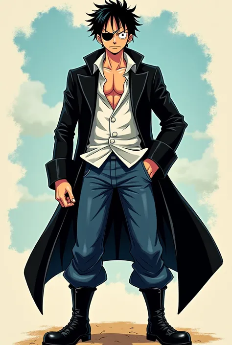 monkey d luffy,  long, messy hair ,  with a black patch on the left eye , indifferent face,  black leather captains coat,  open white button shirt ,  dark blue pants ,  black leather boots , full body and somewhat stocky in the style of one piece manga col...