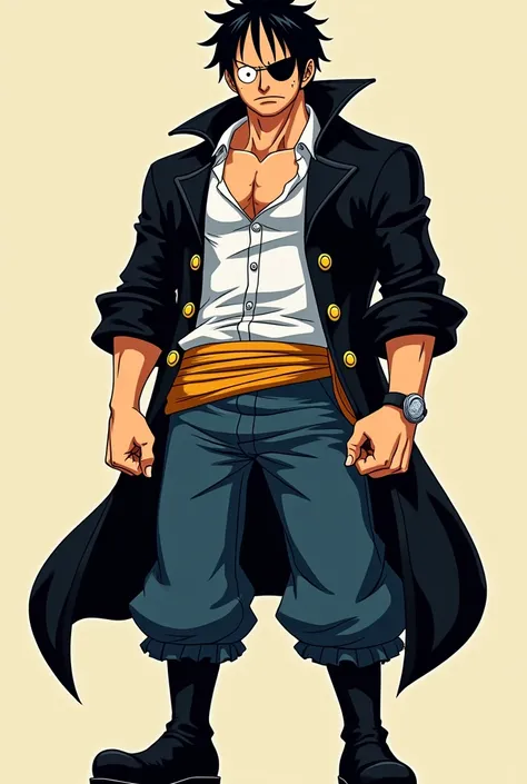 monkey d luffy,  long, messy hair ,  with a black patch on the left eye , indifferent face,  black leather captains coat,  open white button shirt ,  dark blue pants ,  black leather boots , full body and somewhat stocky in the style of one piece manga col...