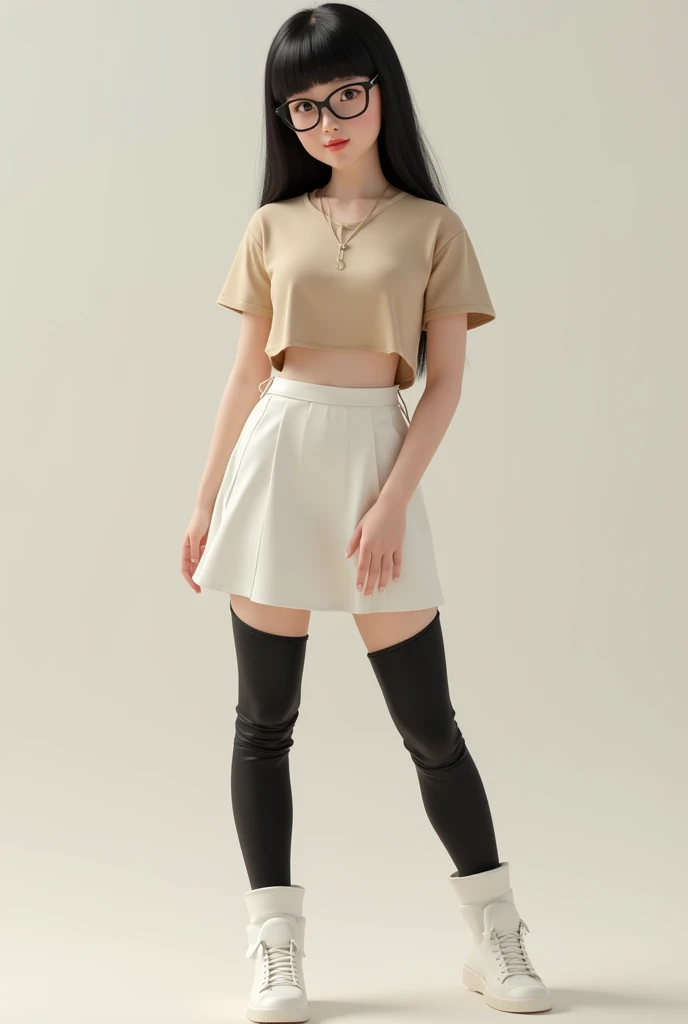 Create an image of a girl with black hair with bangs with black glasses wearing a beige skin tight t-shirt with a small opening in the chest area, a white knee length skirt with black leggings, white rubber shoes, and a white leg warmer