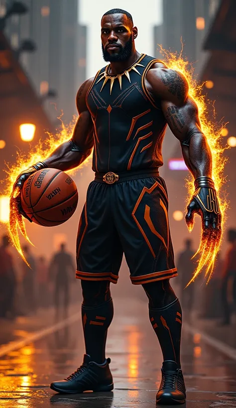 Front Merge: LeBron’s jersey is fused with Black Panther’s sleek suit, his basketball glowing with Vibranium energy, and his arms featuring the sharp claws of Black Panther.
