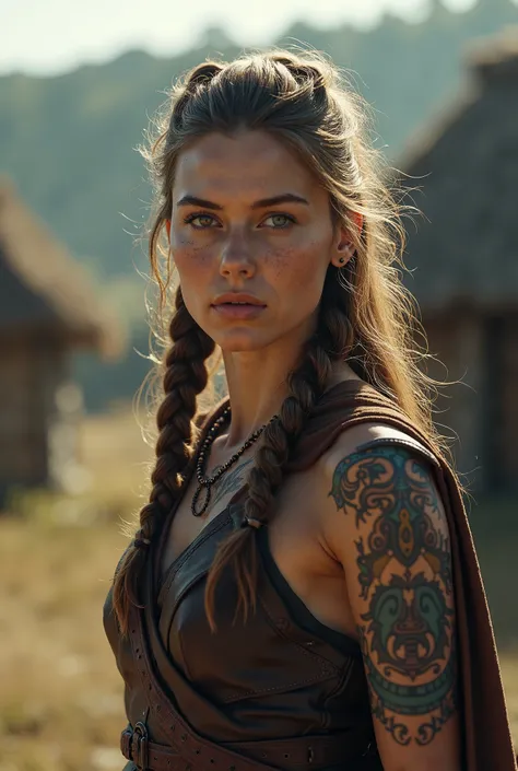  In the background of a background village ,,  an ultra-realistic woman Viking , leather clothing, Viking tattoos ,  standing in soft light .  This photographically inspired composition captures the gentle details of the subject,  with ultra-high level of ...