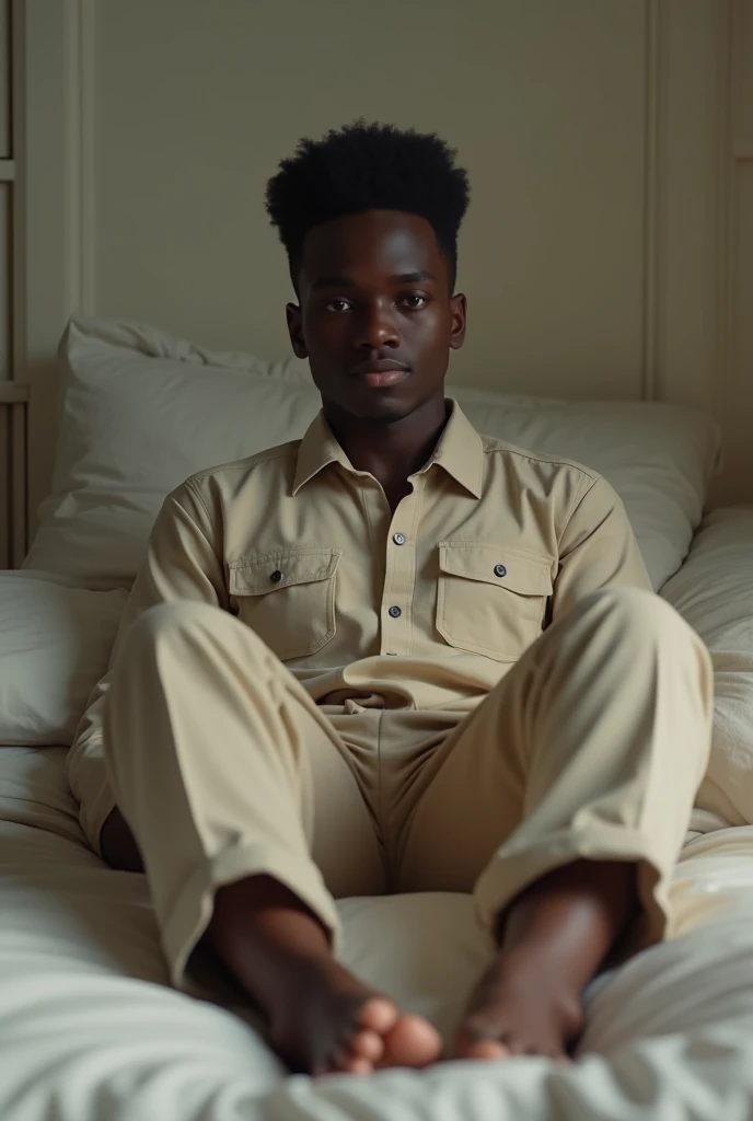 A gay black boys with a uniform shirt and barefoot beige pants lying on the bed


