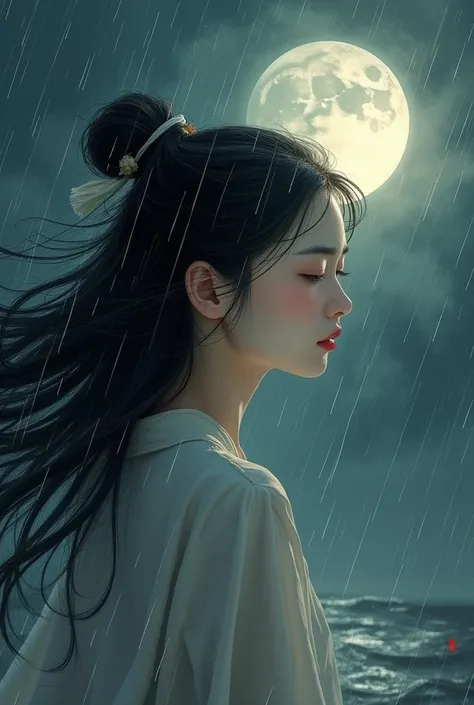 I send my sorrowful heart to the moon, With the wind until the late night of rainstorm, Chinese girl face, black long hair, serious expression, masters work, battle,by zhang jingn.