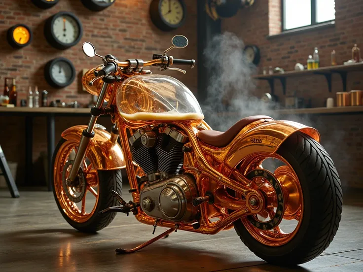  The motorcycle is made of transparent copper and rubber glass. The gas tank is clear and filled with beer .  Steampunk factory decoration ,  lots of glowing instrument boards , steam in the background .