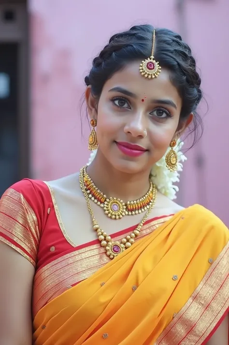 Closeup portrait of a Young beautiful indian women, 18 years old, "Traditional South indian clothing and fashion" wearing vibrant black saari with embroidery and sexy blouse, huge round breast, Diwali decoration background, standing, indian village depth o...