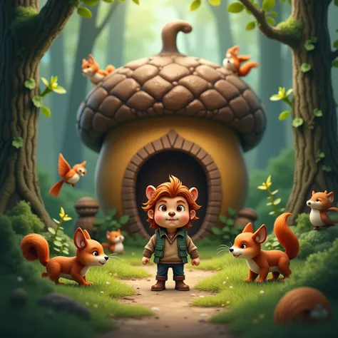 A tiny man with a lion-hearted expression standing in front of a quaint acorn house, surrounded by friendly forest animals like squirrels and birds, with towering trees in the background.