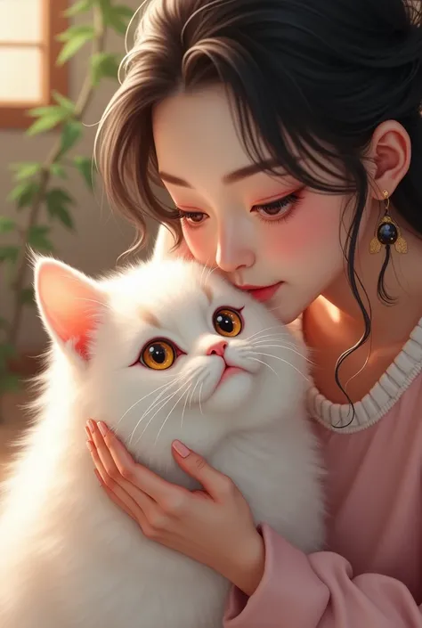 , a pet guardian ， A big white cat ，cute， bright eyes，With Sister Guo Feng ， caressing the bright eyes of the pet ，Beautiful face ，White skin， Good figure 