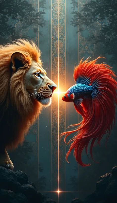 a majestic lion, a vibrant betta fish, facing each other, plus sign between, cinematic dramatic lighting, detailed textures, hyper-realistic, 8k, intricate patterns, vibrant colors, chiaroscuro lighting, masterpiece