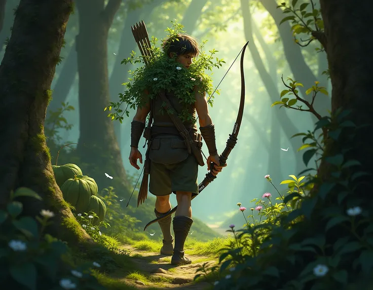 a young tall hunter in the woods with bow and arrow, his face cover by plants 