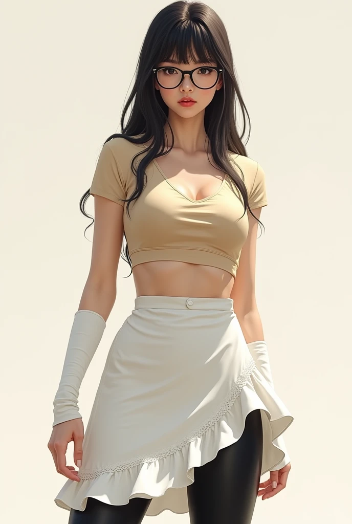 Create an image of a girl with black hair with bangs with black glasses wearing a beige skin tight t-shirt with a small opening in the chest area, a white knee length ruffled skirt with black leggings, white rubber shoes, and a white leg warmer