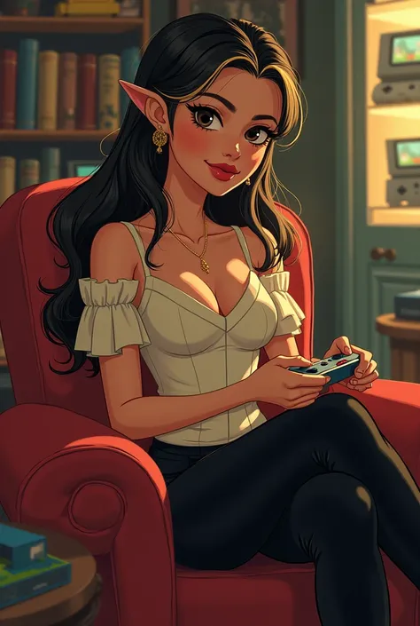 Thème dimages style ancien disney 
, représente une femme au cheveux long noir avec un  balayage blond moitié de cheveux blonde avec peau blanche, sourcils noir maquiller et yeux grand  noir  qui joue à la nintendo switch version zelda manette doré et à dr...