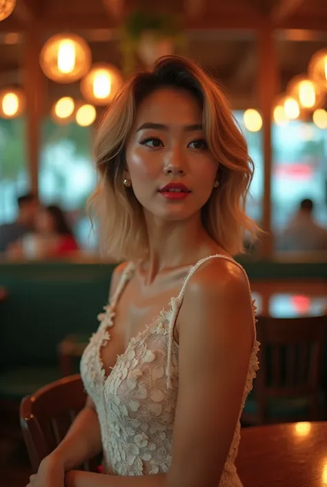 Lace dress, night  Korean asian model Taking selfie  Maximun perfect korean features Make up Perfect face perfect short hair full blonde and brunette hair lips green eyes fashionable woman miami cafe    Escort  a self-assured woman with a flawless shand to...