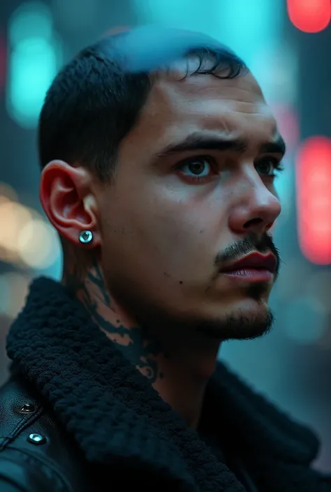 cyberpunk man, tattoos, cyberpunk style, detailed face, detailed eyes, detailed lips, detailed nose, chiaroscuro lighting, dark moody atmosphere, neon lights, glowing cybernetic implants, chrome metal accents, dystopian cityscape background, photorealistic...