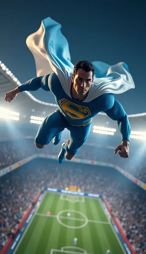  Create a hyperrealistic animation of an epic scene depicting a superhero inspired by Superman,  but with the unique essence of Argentina , soaring through the skies of Buenos Aires. El personaje debe lucir un traje moderno en tonos celeste and blanco, ins...