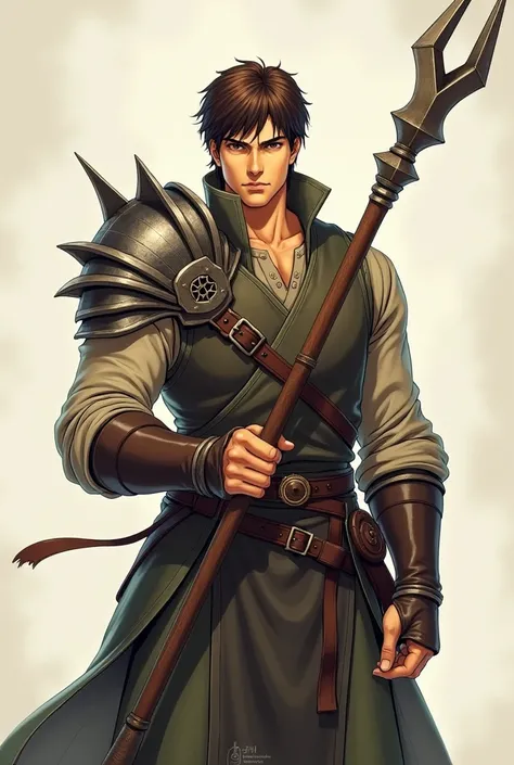 1 man, Solo, High Resolution, Looking at viewer, Short Hair, Brown Hair, Serious, Brown Eyes, Simple background, Anime Style, Fighter, Glaive, Leather Armor, No Cloak, D&D