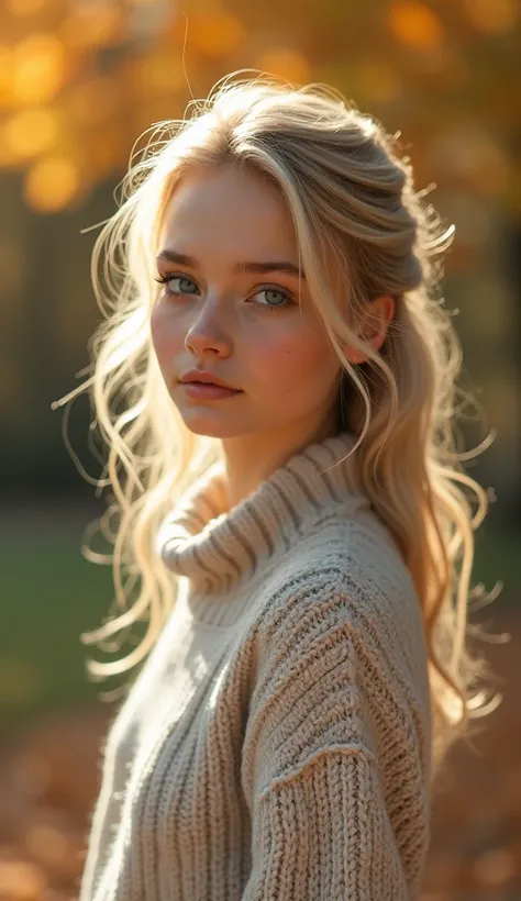  A young girl with soft features ,  clean skin and natural blond hair.  Dressed in a cozy high-neck sweater , standing in front of an autumn park . light makeup,  emphasizing the natural beauty .