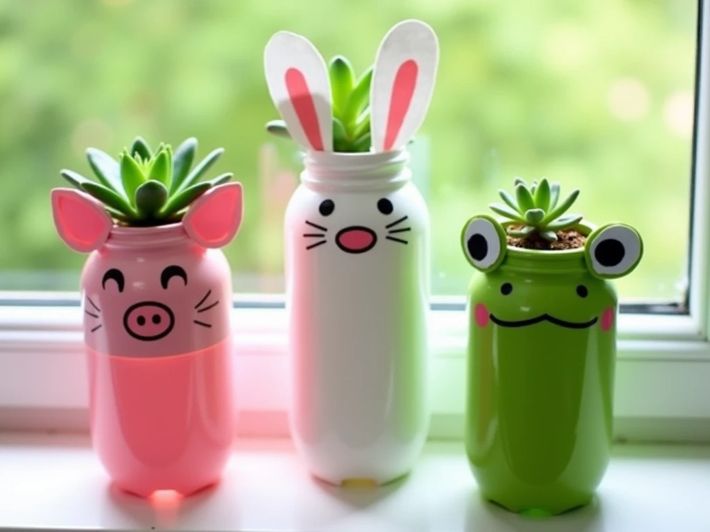 Image showing three adorable DIY plant holders made from recycled plastic bottles, designed with an animal theme. Each bottle is creatively painted and cut to resemble a pig (pink), rabbit (white), and frog (green), complete with detailed facial features s...