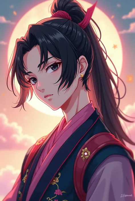 Anime - Style image of 20-year-old teenager wearing moonbow and pink collared khannies, Character Portrait Inspired by Sekao Students , Pixiv, new painting, Black Golden Yao , Zhao Yun, Liulian Art Style , Xianxia, Xianxia hero,  Handsome man in Demon Blad...