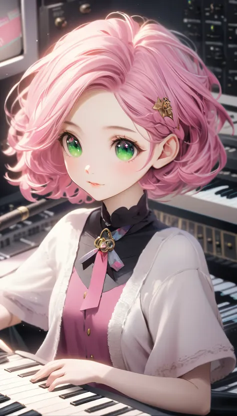 (Best Quality,8k,32K,masterpiece,Ultra-high resolution :1.2 ),born,(No stick),One girl,Hairstyles that show the forehead,Super cute,stick no need,Natural Light,Clear, pink and green eyes,20 years old,Fair skin，Musical Instrument Practice Studio, Electronic...