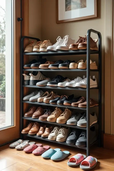 There is a shoe rack in front of the door with mens shoes ， womens shoes and childrens shoes and some slippers on the floor