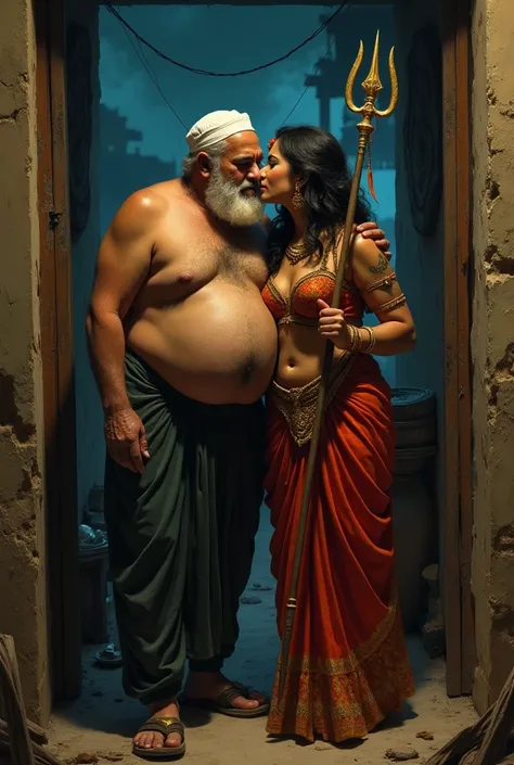 Indian old age shirtless fat muslim come to poor goddess house in night kissing and smooching and cuddling on the poor floor. Goddess wearing bra holding Trident in her hand Riots happening in night outside the window 