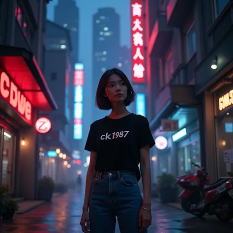 A Thai woman with short hair wearing jeans and a black T-shirt with the words "CK1987" printed on it stands in a quiet city. There are red and blue neon lights all over the city. Cyberpunk colors,Cinematic, Ultra HD