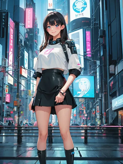 masterpiece,high resolution,1girl,((solo)),full body,woman,light smile,blush,medium breasts,skinny,realistic,20age,lothes of the Future,mini skirt,Cyber ​​city of the future,midnight,Glowing neon advertising sign