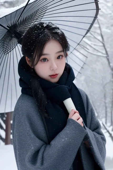  photography photo ，Photography，Realistic Portraits，Winter snow ， blurred pine forest ，Perfect light and shadow， Japanese woman wearing a black coat around a dark blue scarf，Artistic atmosphere ，In the snow， wearing a transparent umbrella ，Japanese movie r...