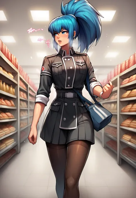 BREAK 1girls, walking, bag, looking fun, way to school, puppy, shop , BREAK 1girl,leonakofdg,blue hair,Sweat,(Sound Effects:1.3), black tights, black Nazi SS military uniform