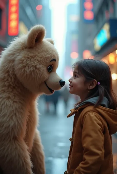  blur the background :1.5、 dress facing the girl:1.5、 little bear sitting face to face with the girl、Fluffys adorable little bear , .  fluffy creatures ,  with big eyes and slightly open mouth ,   the overall mood of the cinematic image is 、 a mix of wonde...