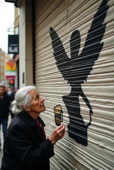 Building wall  painted by the mysterious artist Banksy, black silhouette of a Mickey Mouse with wings, England grandmother adding a picture of beer to the rats drawing on the shutters, people looking around have their heads in the air. in London, (super de...