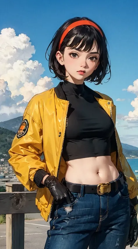 masterpiece, best quality, 1girl, Son Pan, dragon ball, cowboy shot, teenage, tomboy, retro artstyle, short hair, black hair, black eyes, Pppaann, bangs, gloves, navel, jacket, hairband, open clothes, black gloves, midriff, belt, pants, blunt bangs, crop t...