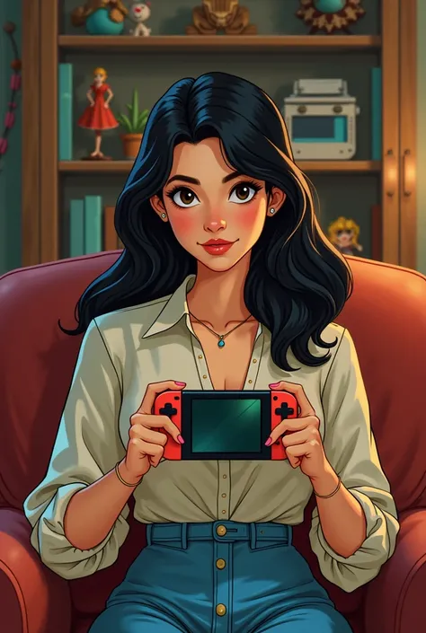 Thème dimages style ancien disney 
, représente une femme mignone non vulgaire au cheveux long noir avec mèches blonde avec peau blanche, sourcils noir maquiller et yeux grand  noir  qui joue à la nintendo switch version zelda manette doré et à dreamlight ...