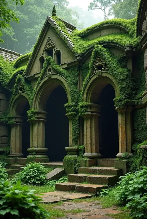 A building that has a thin layer of moss on the wall surface