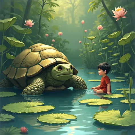 A serene illustration of a small boy sitting beside a large turtle with a wise expression. The turtle is partially submerged in a pond filled with lily pads. The garden is lush, full of oversized flora and gentle ripples in the water.