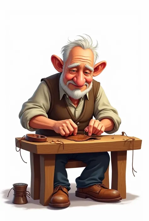 A cartoon  old man without face, standing in a table sewing shoes, white background