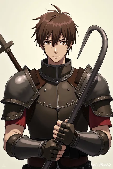 1 man, Solo, High Resolution, Looking at viewer, Short Hair, Brown Hair, Serious, Brown Eyes, Simple background, Anime Style, Fighter, Glaive, Studded Leather Armor, No Cloak, D&D