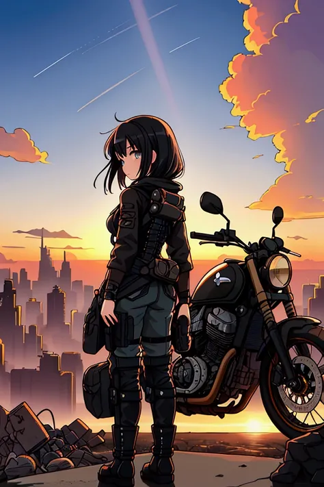 Masterpiece,Best quality, ultra detailed,Anime style,  Post-apocalyptic, devastated world, horizon, sunrise, sky about to dawn, girl, black hair, goggles, boyish, travelers costume, motorcycle, back view, decadent atmosphere, a moving scene full of beautif...