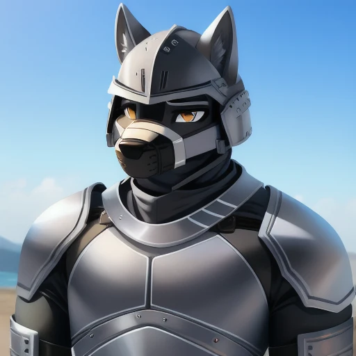 solo, male, wolf, gray colored fur, lean body, anthropomorphic wolf, military helmet, Black muzzle, silver armor, titanium armored suit, silver metal muzzle