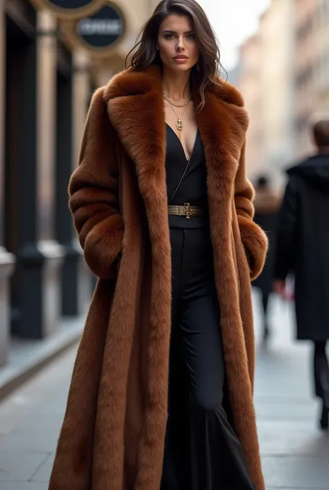 a chunky brown floor-length fur coat